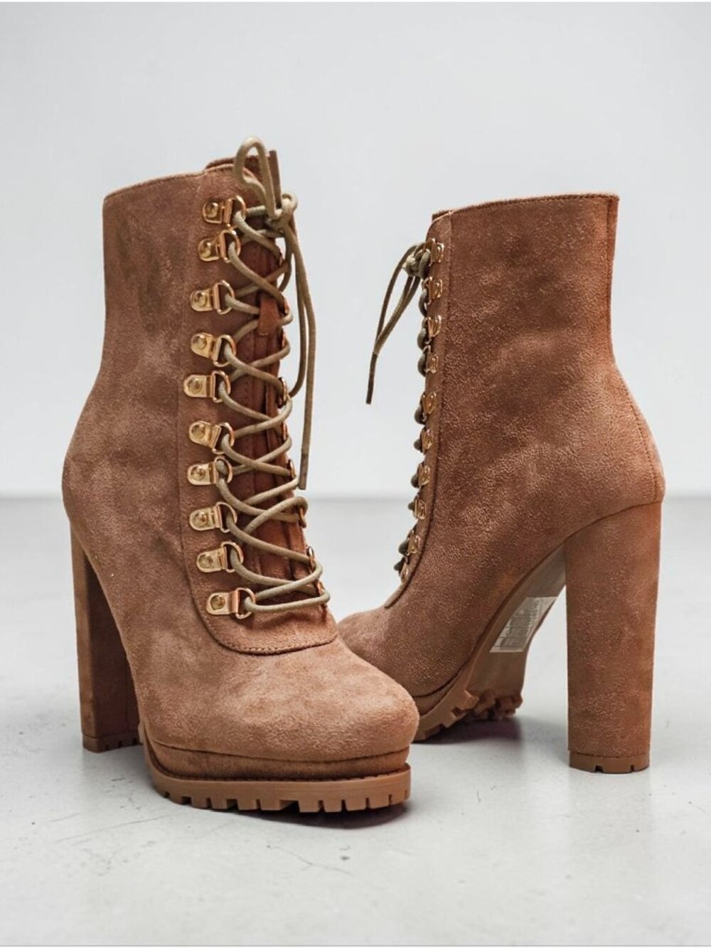Faux Suede Lace-Up High Heel Platform Boots Taupe Womens Size 6.5 - Picture 11 of 15
